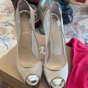 Christian Louboutin Metallic Mesh Peep-Toe Heels